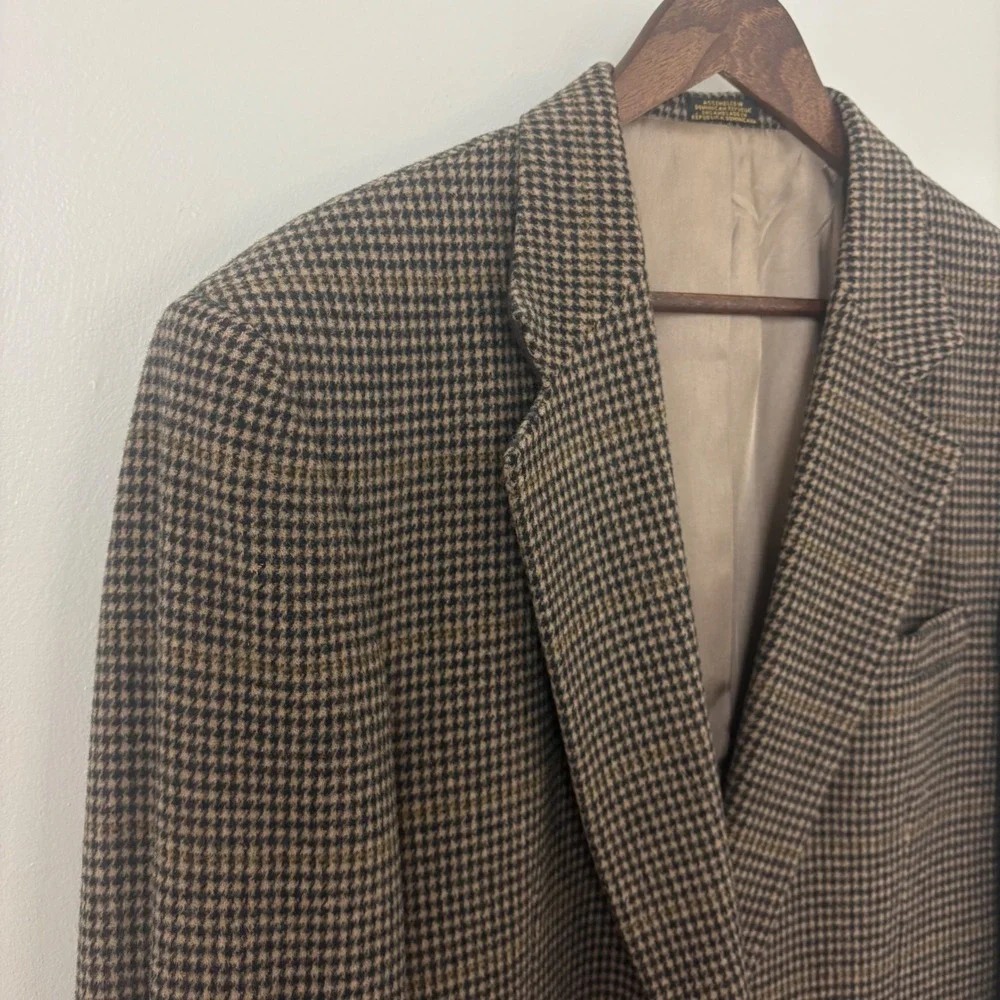 Stafford Blazer Men46L Tan Black Houndstooth Plaid Sport Coat 2B Wool Camel Hair